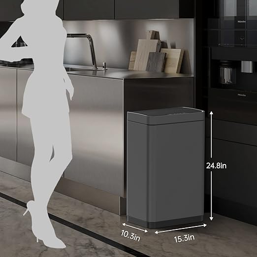 Mbillion Automatic Trash Can - 15 Gallon Motion Sensor Stainless Steel Smart Trash Can With Lid Rectangular Touchless Garbage Can for Kitchen, Bedroom, Home Office - Dark Gray