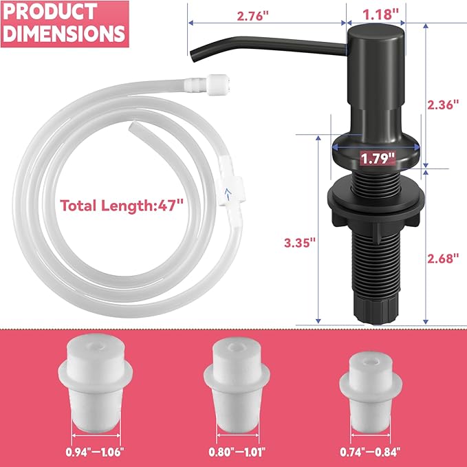 Sink Soap Dispenser, OHiHi Kitchen Sink Soap Dispenser with 47" Extension Tube, Wide Pump Head Base, No Water Leaking, No Need to Fill The Little Bottle Again, Black