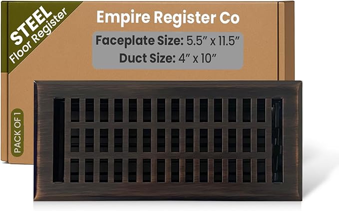 Empire Register Co, Vent Cover - 4x10 inch, Modern Contemporary Design, Oil Rubbed Bronze Finish, Heavy Duty Floor Vent Covers, Metal Damper Attached Vent Covers for Home Floor only