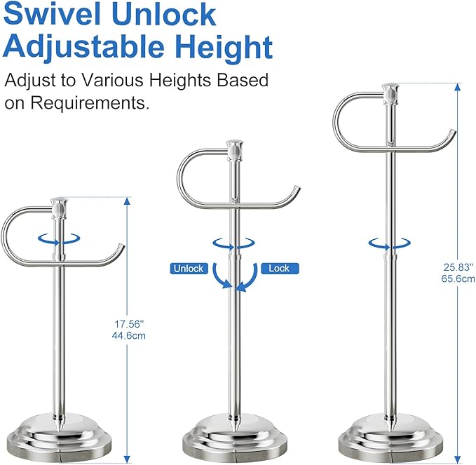 RUMOSE Toilet Paper Holder Stand for Floor, Polished Chrome Bathroom Free Standing Toilet Tissue Roll Holder with Storage, Adjustable 17-25 Inch, SUS304 Stainless Steel