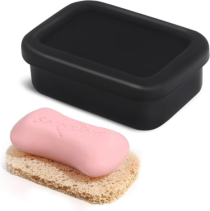 Leak Proof Silicone Travel Soap Case with Draining Tray - Bar Soap Holder for Travel, Gym & Camping - Mess-Free Portable Soap Container for Carry-on Bags (Black)