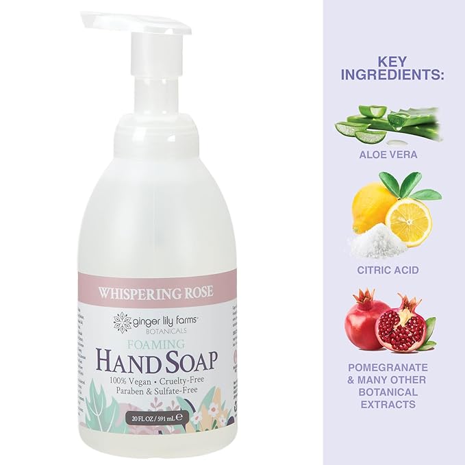 Ginger Lily Farms Botanicals All-Purpose Foaming Hand Soap Refill, 100% Vegan & Cruelty-Free, Whispering Rose Scent, 20 Fl Oz (Pack of 8)