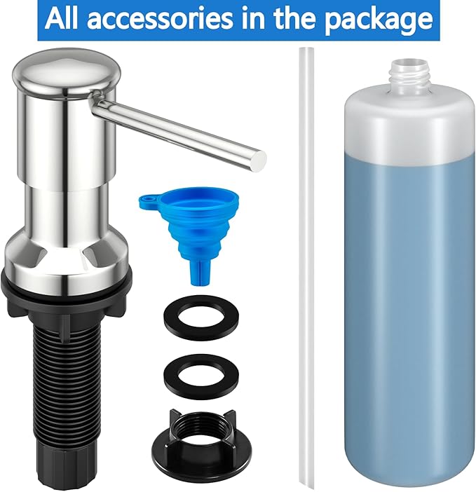 Dish Soap Dispenser, Kitchen Sink Soap Dispenser Pump with 17 OZ Bottle, Refill from The Top, Wide Pump Head Base (Chrome)