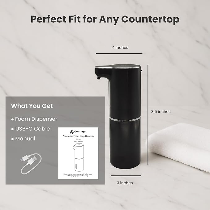 JetFoam Automatic Foam Soap Dispenser - Automatic Soap Dispenser Touchless Rechargeable Type C USB, Adjustable Foam Levels, 10 oz, Hands-Free for Bathroom, Kitchen, Countertop
