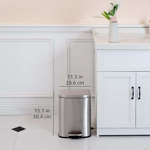 Amazon Basics Smudge Resistant Small Rectangular Trash Can With Soft-Close Foot Pedal, Brushed Stainless Steel, 12L/3.2 Gal, 11.3x9.9x15.1 in, Satin Nickel Finish