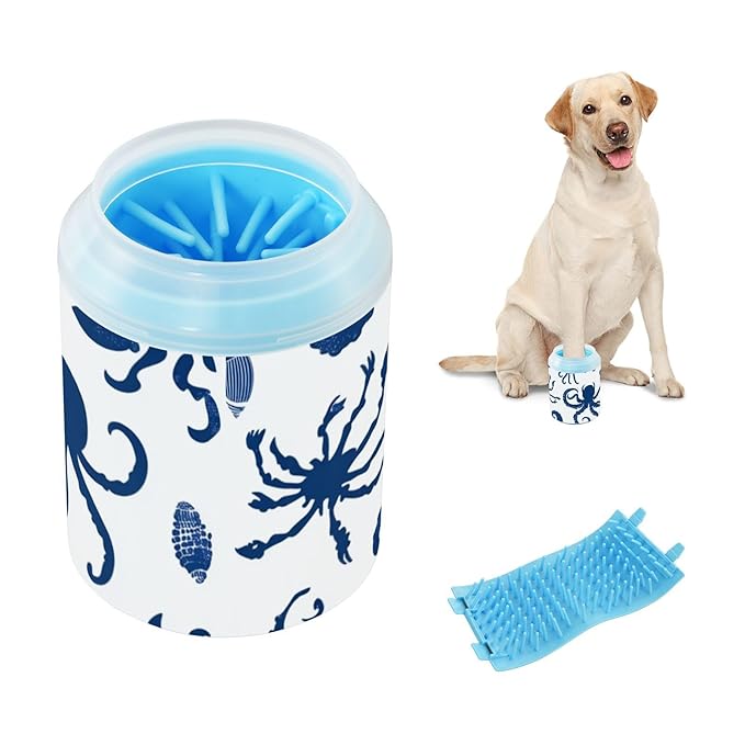 Dog Paw Cleaner Cups for Dogs Pets Foot Washer Paw Scrubber for Medium Small Dogs Cats Cleaning Cup Blue Octopuses Crabs and Seashells
