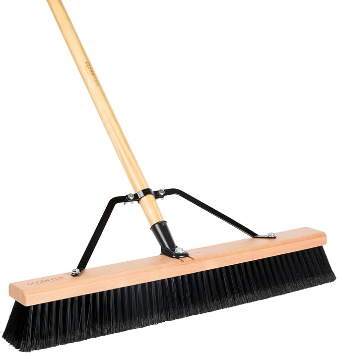Restaurantware-Clean Tek Professional 24 Inch Push Broom, 1 Heavy-Duty Broom with 60â€ Handle - Fine Plastic Bristles, Durable, Wooden, Commercial Use, for Deck, Driveway, Garage, Yard, Patio
