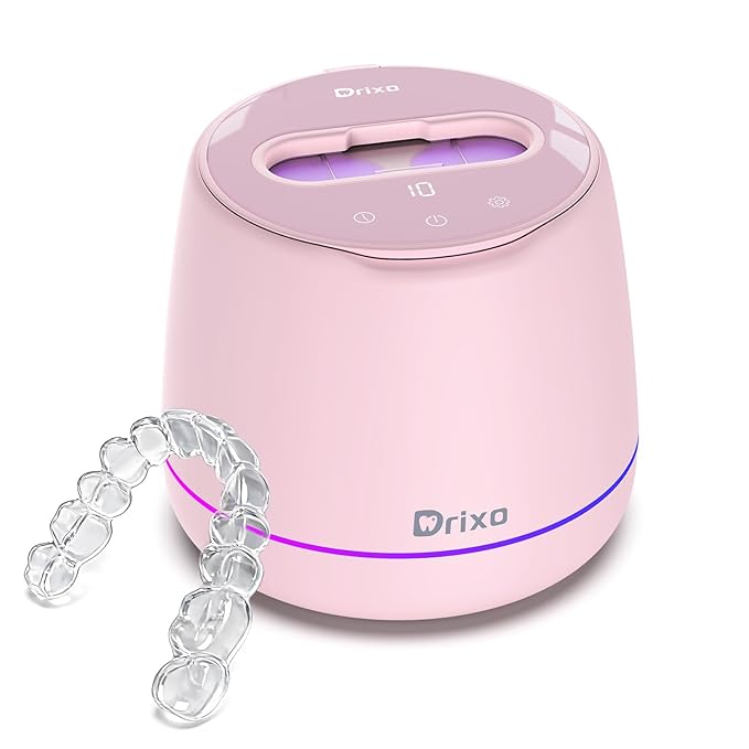 Drixo Ultrasonic Retainer Cleaner Machine, IPX6 Waterproof Dental Cleaning Pod, 3 Modes Denture Cleaner for Night Guard Mouth Guard Braces, 45kHz Denture Dome with UV Light, 200ML Tank, Pink