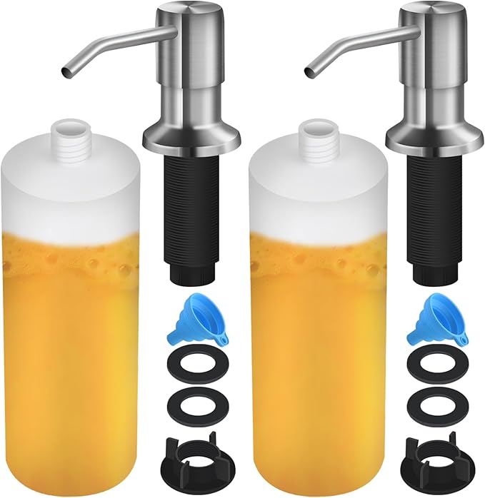 Soap Dispenser for Kitchen Sink, Built in Sink Soap Dispenser Lotion Dispenser with 17 OZ Bottle, Refill from The Top Bar Sink Soap Dispenser, Brushed Nickel (2 Pack)