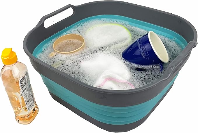 SAMMART 10L (2.64) Collapsible Plastic Dishpan - Foldable Washing Basin - Portable Dish Washing Tub - Space Saving Kitchen Storage Tray (Grey/Crystal Blue)