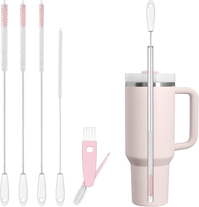 15 Inch Extra Long Straw Cleaner Brush Set, 5 Pcs Reusable Cleaning Brushes for Stanley 40 oz Tumbler, Owala, Yeti, Includes 4 Flexible Straw Brushes and 1 3-in-1 Cup Lid Gap Cleaning Tool(Pink)