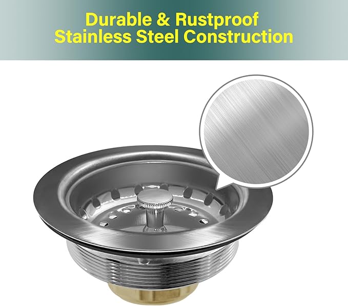 Kitchen Sink Drain Assembly 3-1/2 Inch- Stainless Steel Kitchen Sink Strainer Basket with Stopper - Rustproof & Leak-Proof Design for Standard American Drain Holes, Polish Finish