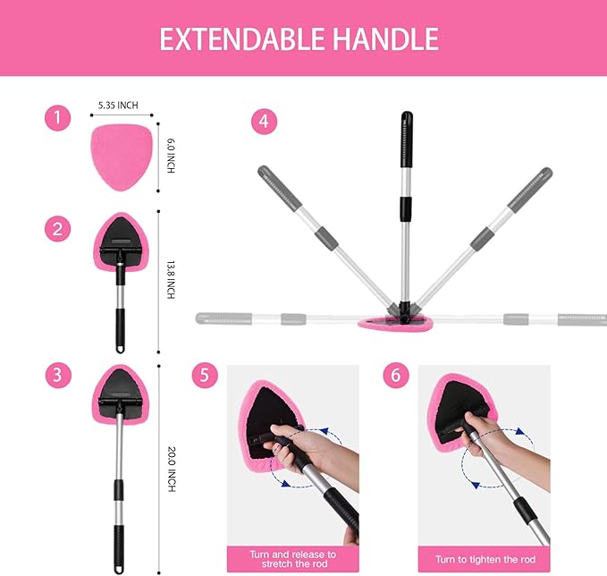 10pcs Windshield Cleaning Tool Inside Car Window Cleaner Wash Kit with 4 Reusable Microfiber Pads 1 Spray Bottle and Extendable Handle Interior Auto Glass Wiper Kit, Pink