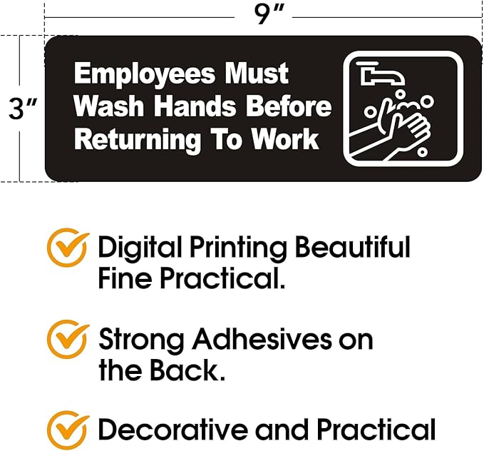 Faittoo Employees Must Wash Hands Before Returning to Work Sign, (4 Pack) 9 x 3 Inch Acrylic Plastic Sign with Symbols, Self-adhesive, for Restaurant, Hotel, Motel, Rest Stops, Public Restrooms