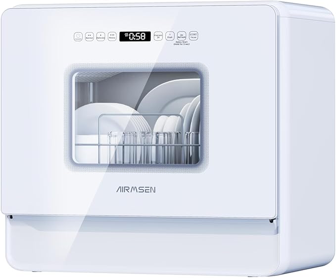 AIRMSEN Large Slim Countertop Dishwasher with Complete 2-Level Rack, Portable Dishwashers with 5L Built-in Water Tank, 3-Spray Arms & 12H Delay Start, No Hookup Needed, A01