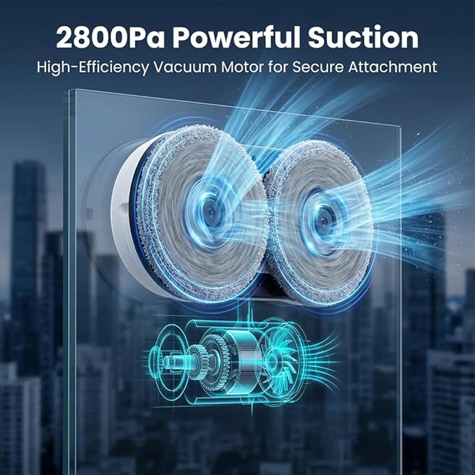 Window Cleaner Robot, 2800Pa Suction Automatic Window Cleaning Robot with 10pcs Cloths, Edge Detection & Anti-Drop Protection, Remote Control & 3 Cleaning Modes, Glass Vacuum Cleaner for Home
