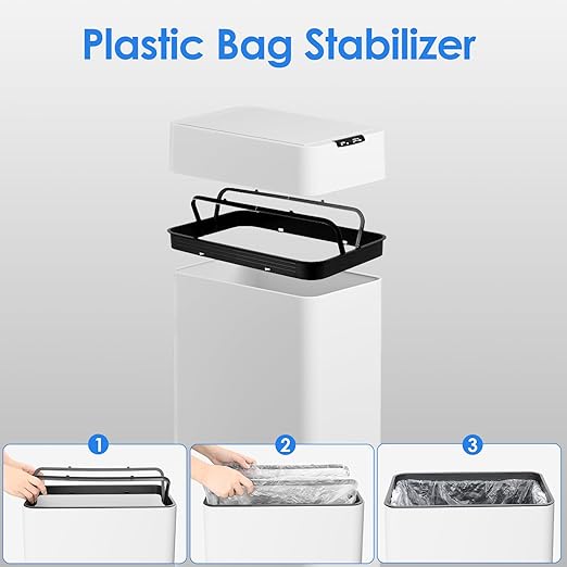 TLSUNNY 21.1 Gallon Automatic Trash Can, Stainless Steel Motion Sensor Garbage bin, Smart Trash Can W/Butterfly Lid, Bag Retainer Ring and Display Light for Living Room,Kitchen,Office (White, 80L)
