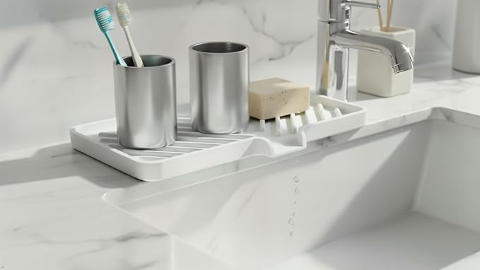 Happitasa Silicone Soap Dish Tray and Sponge Holder with Drain Chute and Feet | 3-Way Sloped Design | Bathroom and Kitchen Sink Organizer Caddy (Light Grey, 10"x4")