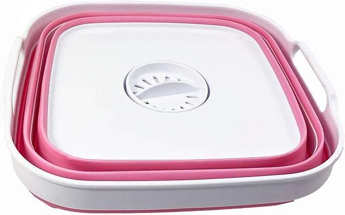 SAMMART 10L (2.64 Gallon) Collapsible Dishpan with Draining Plug - Foldable Washing Basin - Portable Dish Washing Tub - Space Saving Kitchen Storage Tray (White/Pink/White)