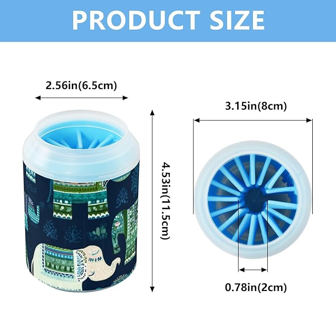 Dog Paw Cleaner Cups for Dogs Pet Foot Washer Paw Scrubber for Medium Small Dogs Cats Cleaning Cup Ethnic Geometric Elephants