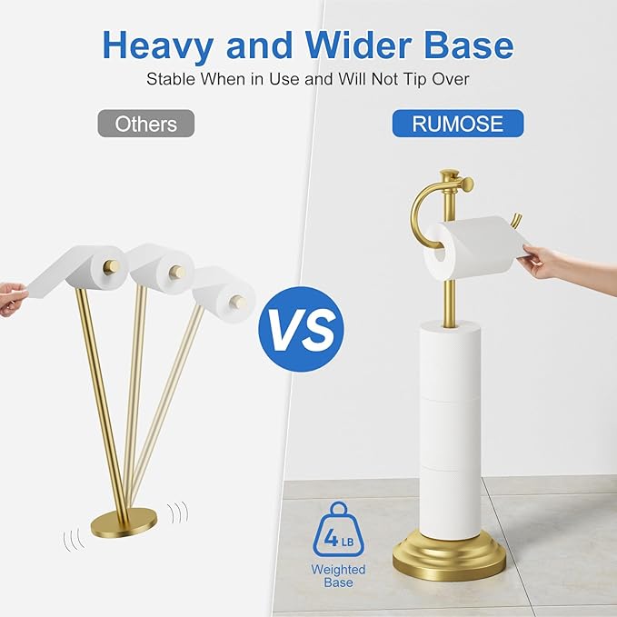 RUMOSE Toilet Paper Holder Stand for Floor, Brushed Gold Bathroom Free Standing Toilet Tissue Roll Holder with Storage, Adjustable 17-25 Inch, SUS304 Stainless Steel