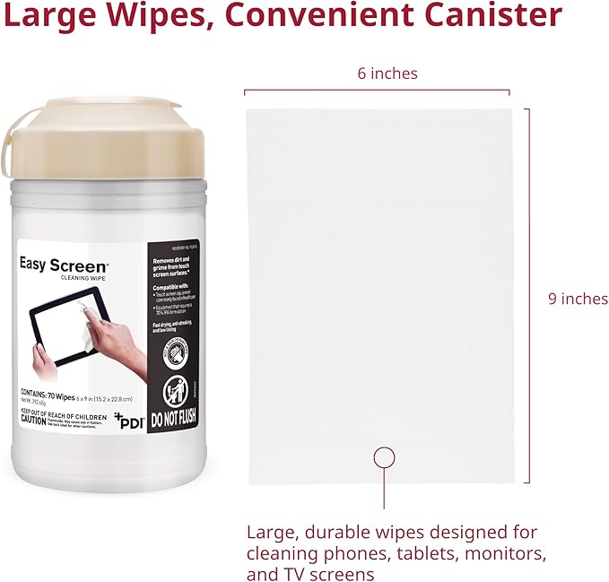 Easy Screen Cleaning Wipes, Canister – Streak-Free, Anti-Smudge Wipes for Electronics, TVs, Laptops, Tablets, Smartphones – 70 Large 6" x 9" Wipes Each, 12 Canisters per Case