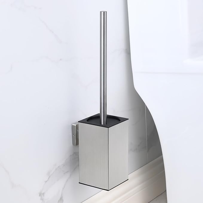 Toilet Bowl Brush and Holder Square,Stainless Steel Square Wall Mounted Toilet Bowl Brush with Lid,Cleaning Toilet Brush Set for Bathroom, Brushed Silver