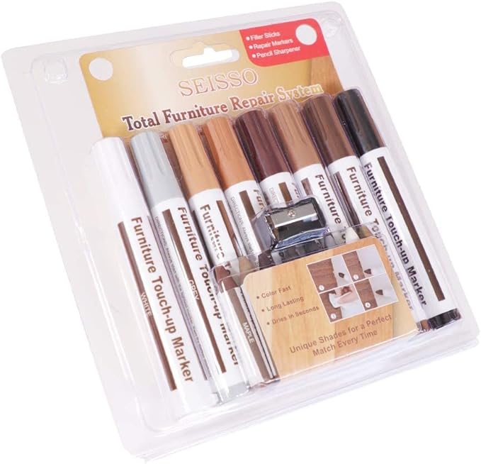 DEWEL Furniture Markers Touch Up, Upgrade Wooden Furniture Repair Kit, Premium Wood Scratch Repair Markers and Wax Sticks for Wood Stains Scratches Hardwood Floors Tables, Set of 17