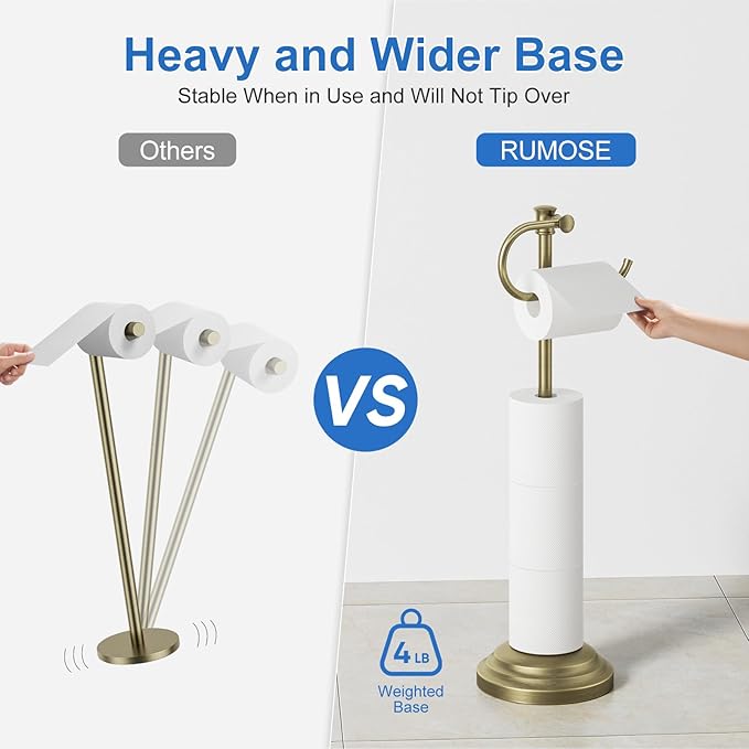RUMOSE Toilet Paper Holder Stand for Floor, Antique Brass Bathroom Free Standing Toilet Tissue Roll Holder with Storage, Adjustable 17-25 Inch, SUS304 Stainless Steel