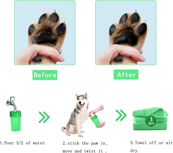 Quick Clean Dog Paw Cleaner 5-in-1 Kit, Green (Medium) - No Full Bath Needed, Post-Walk Paw Clean - with Silicone Bath Brush, 3 Microfiber Towels - Fits Corgi 1.2-2.5 In (3.05-6.35 cm)