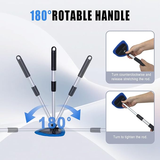 8 PCS Car Windshield Cleaner Tool Kit, Car Window Cleaner Windshield Cleaning Tool with 5 Reusable Microfiber Pads 2 Spray Bottle and Extendable Handle, Auto Glass Wiper Kit Home Windows, Blue