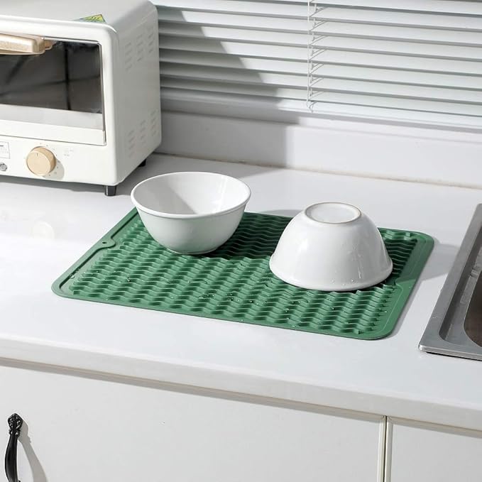 Silicone Dish Drying Mat for Multiple Usage,Easy clean,Eco-friendly,Heat-resistant Silicone Mat for Kitchen Counter or Sink,Refrigerator or drawer liner Green L 16 inches x 12 inches