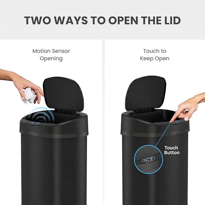 iTouchless 13 Gallon Oval Sensor Trash Can with Odor Filter, Automatic Motion Sensor Kitchen Bin, Slim Curved Soft-Close Matte Black Stainless Steel, Fingerprint-Proof Modern Decor