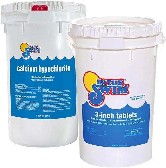 In The Swim Shock and Chlorine Bundle for Sanitizing Swimming Pools – Includes 50 Pound Bucket of 68% Cal-Hypo Pool Shock and 50 Pound Bucket of 3 Inch Stabilized Chlorine Tablets