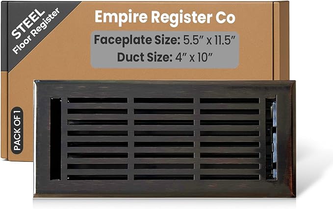 EMPIRE REGISTER CO Linear Design, Heavy Duty Floor Vent Covers, Metal Damper Attached. Vent Covers for Floor only. (Floor, Oil Rubbed Bronze, 4 x 10 inch (Pack of 1))
