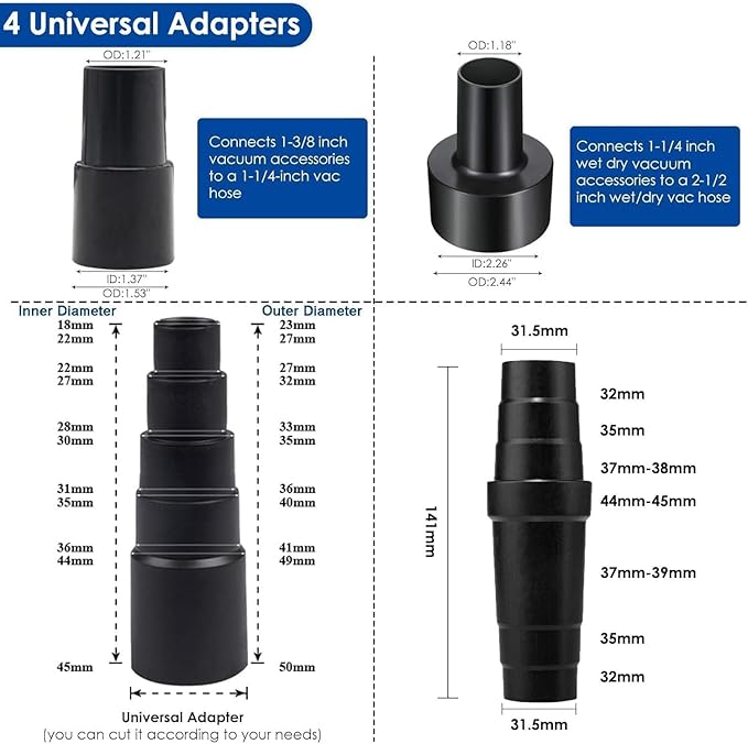 10 PCS Universal Vacuum Attachments & Brushes Kit for Shop Vac Accessories & Household Cleaning, 1-1/4" Vacuum Accessories with 4 Vacuum Hose Adapters & Flexible Crevice Tool