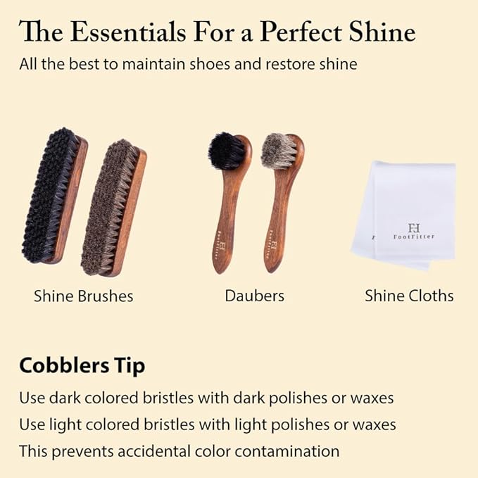 FootFitter Essential Horsehair Shoe Shine Brush Set, Shoe Care Kit with Shoe Shine Brushes & Cloths for Polishing Leather Footwear (Made in Germany)