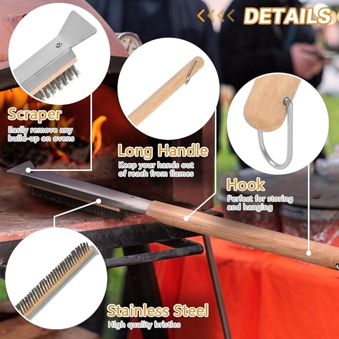 Pizza Oven Brush, 26" Brush and Stainless Steel Scraper for Pizza Stone, BBQ Grill Cleaning Brush Non Scratch Heat Proof Stainless Steel Bristles with Screwdriver for Pizza Oven Accessories