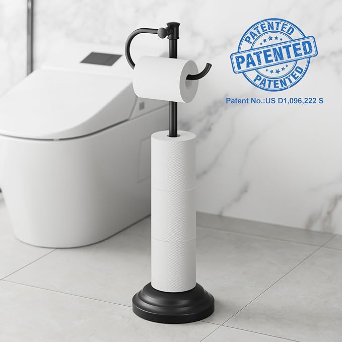 RUMOSE Toilet Paper Holder Stand for Floor, Matte Black Bathroom Free Standing Toilet Tissue Roll Holder with Storage, Adjustable 17-25 Inch, SUS304 Stainless Steel