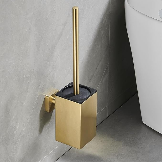 Toilet Bowl Brush and Holder Square,Stainless Steel Square Wall Mounted Toilet Bowl Brush with Lid,Cleaning Toilet Brush Set for Bathroom Brushed Gold