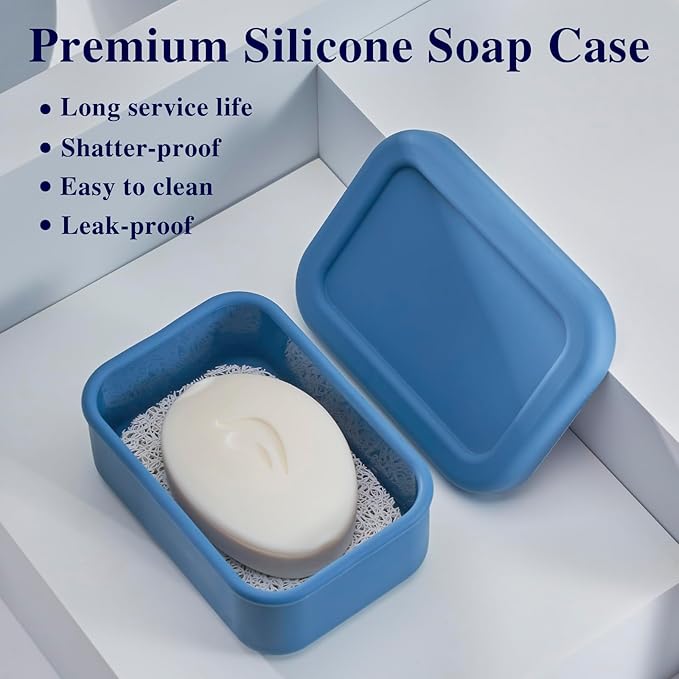 Leak Proof Silicone Travel Soap Case with Draining Tray - Bar Soap Holder for Travel, Gym & Camping - Mess-Free Portable Soap Container for Carry-on Bags (Dark Blue)