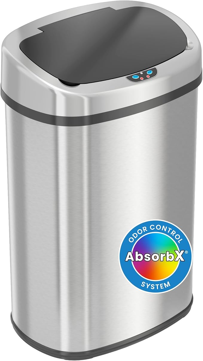 iTouchless 13 Gallon Oval Sensor Trash Can with Odor Filter, Automatic Motion Sensor Kitchen Bin, Soft-Close Stainless Steel, Slim Curved Wastebasket for Narrow Walkways & Islands, Matte Silver
