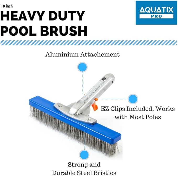 Aquatix Pro Heavy Duty Pool Brush, Durable 10" Swimming Pool Cleaner Brush Best for Tackling Stubborn Stains, Aluminium Handle & Stainless Steel Bristles, Suitable for Concrete & Gunite Pools.