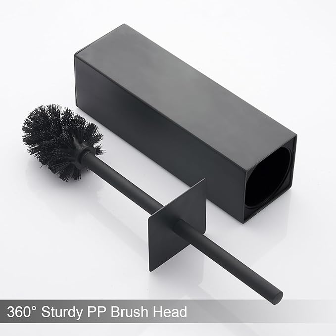 Matte Black Square Stainless Steel Toilet Brush with Holder, 304 Modern Toilet Brush Set – Rust Resistant, Long Handle, Replacement Heads, Floor Standing Bathroom Toilet Cleaning Brush