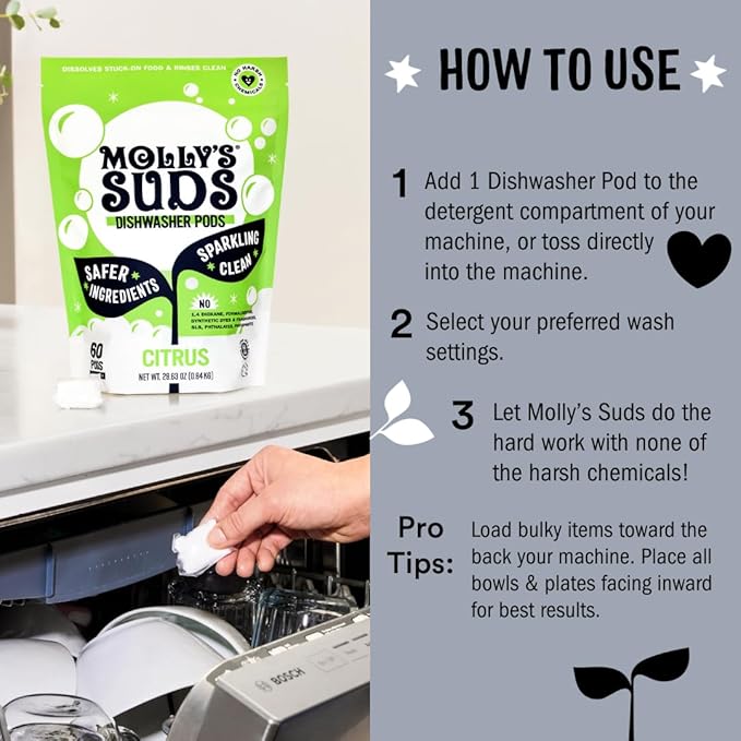 Molly's Suds Dishwasher Pods | Clean Dishwasher Detergent, Cuts Grease & Rinses Clean (Residue-Free) for Sparkling Dishes | 120 Auto-Release Tabs (Unscented) (Pack of 2)