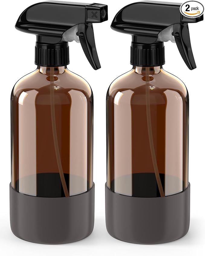 Glass Spray Bottle with Silicone Sleeve Protection, Amber Glass Spray Bottle Set for Window Cleaner Aromatherapy Facial Hydration Watering Flowers Hair Care 2 Pack/16 oz (Grey, 16 oz)