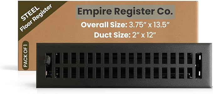 Empire Register Co, Steel Floor Register - 2x12 inch, Modern Contemporary Design, Textured Black Finish, Heavy Duty Walkable Steel Floor Vents, Metal Damper Attached Air Vents for Home Floors only