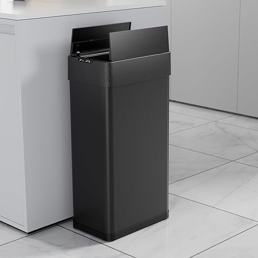 TLSUNNY 18.5 Gallon Automatic Trash Can, Stainless Steel Motion Sensor Garbage bin, Smart Trash Can W/Butterfly Lid, Bag Retainer Ring and Display Light for Living Room,Kitchen,Office (Black, 70L)