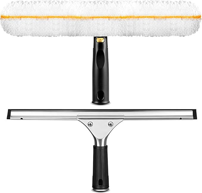 Professional Window Cleaning Squeegee Kit- 14" Squeegee & Microfiber Rotatable Window Scrubber,All-Purpose Tile Shower Walls Window Glass Car Windshield Mirrors,Reusable Microfiber Sleeve