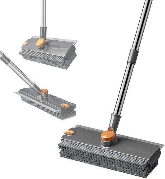 Floor Scrubbing Brush with Squeegee,2 in 1 Grout Brush with 54" Adjustable Long Handle,V-Shape Stiff Brush Bristle,360°Rotation,Bathroom Cleaning Brush for Tile,Deck,Garage,Kitchen,Swimming Pool,Grey